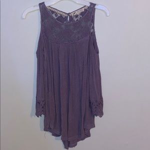 purple off the shoulder long sleeve shirt